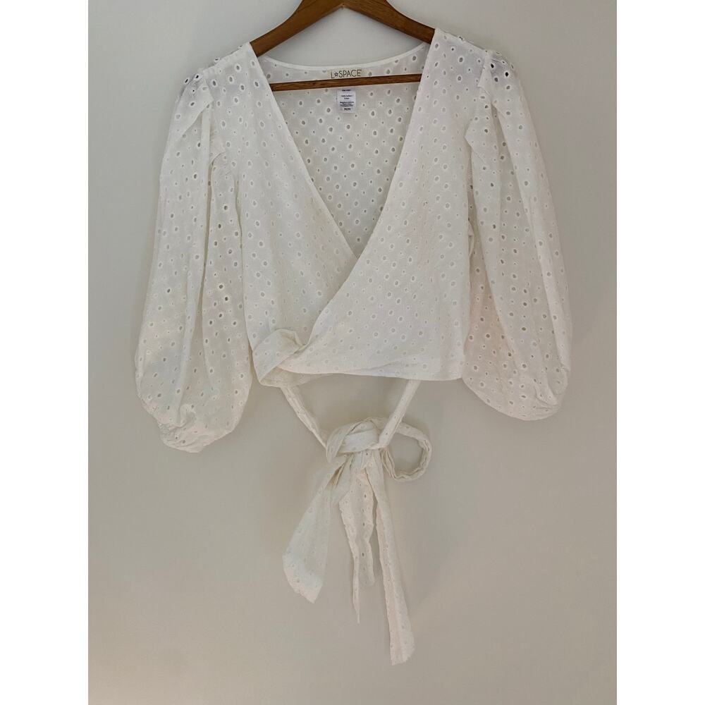 L Space Anthropologie Eyelet White Lace Puff Sleeve Tie Wrap Around Waist Crop M